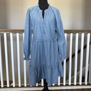 J Crew‎ Dress Size 6 Blue Chambray Ruffle Tiered Long Sleeve Cotton Cottage Boho